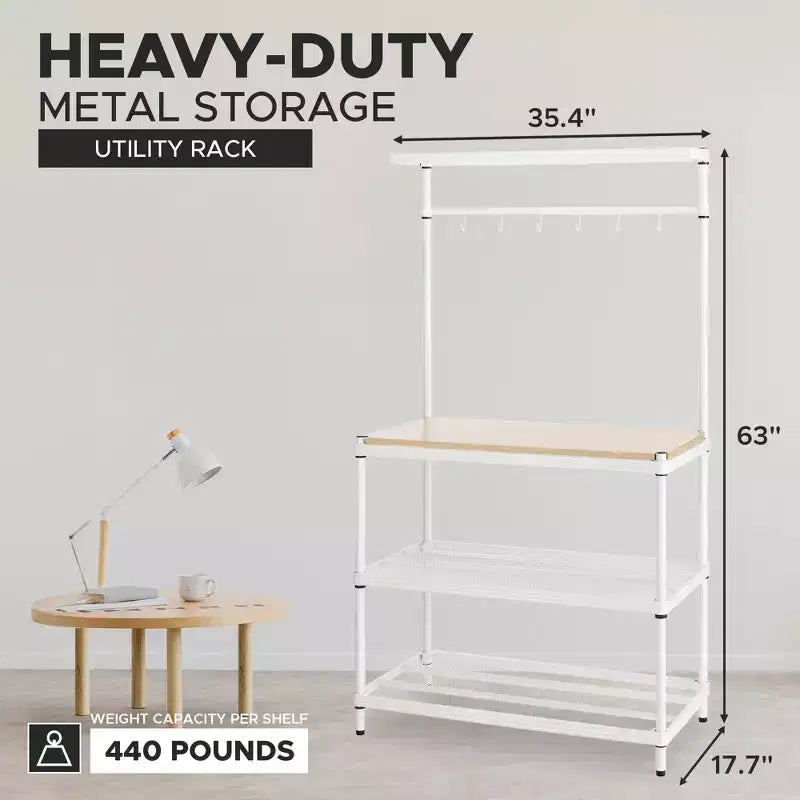 Design Ideas MeshWorks Scaffale in metallo multiuso con ripiani in legno per garage e cucina, 35,4 x 17,7 x 63, bianco
