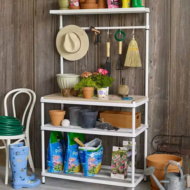 Design Ideas MeshWorks Scaffale in metallo multiuso con ripiani in legno per garage e cucina, 35,4 x 17,7 x 63, bianco