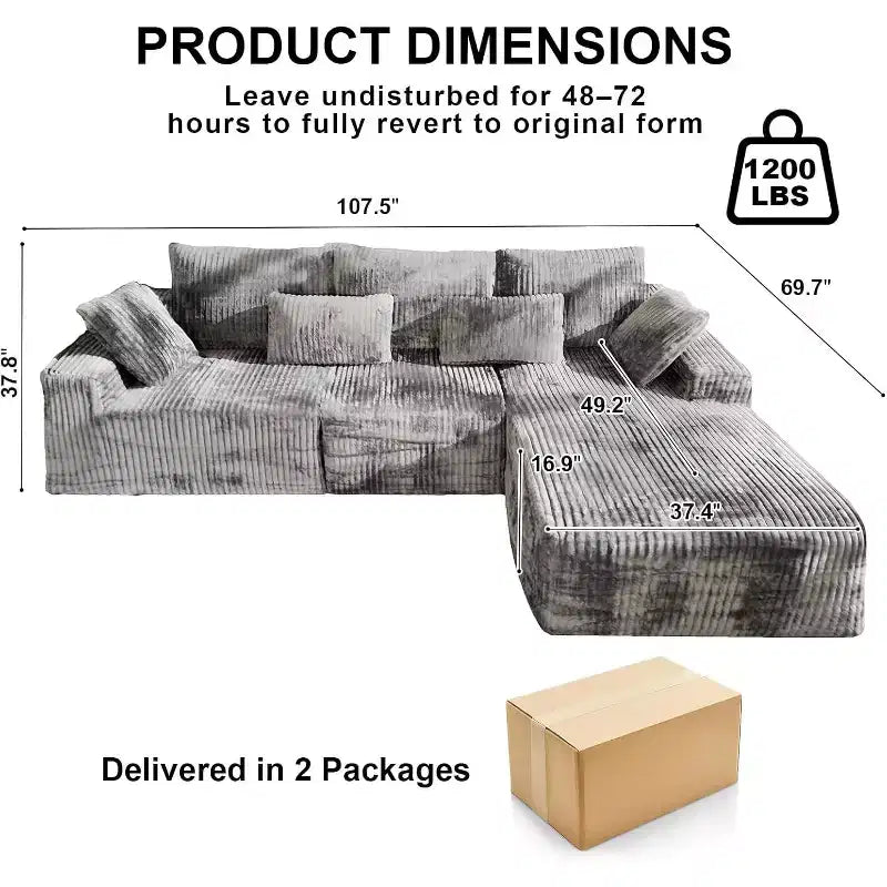 MooxvMoo 107.5 Divano componibile modulare, divano a L senza struttura con chaise longue e cuscini decorativi per soggiorno, grigio
