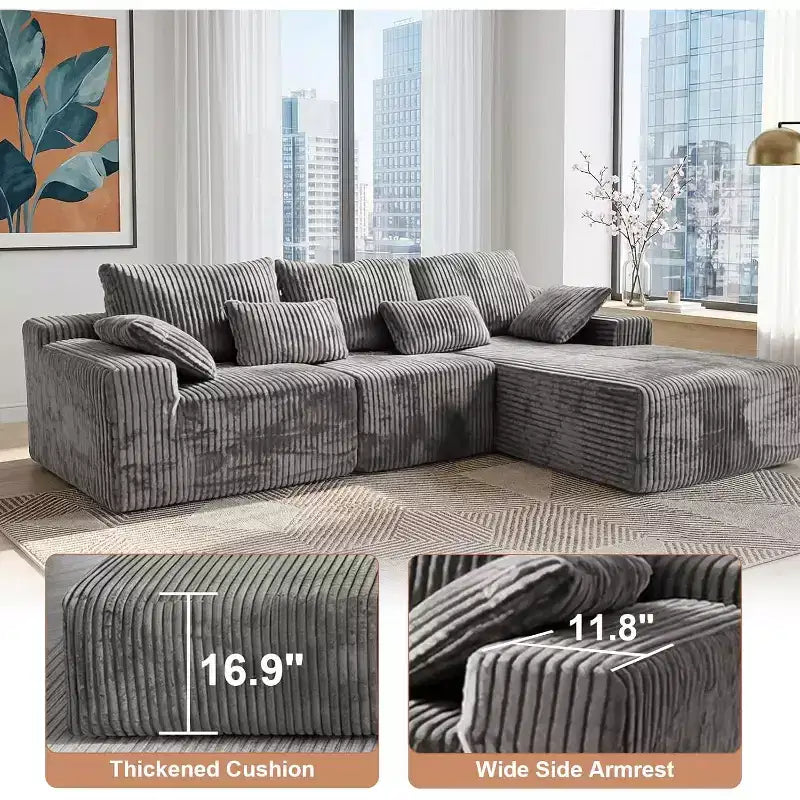 MooxvMoo 107.5 Divano componibile modulare, divano a L senza struttura con chaise longue e cuscini decorativi per soggiorno, grigio