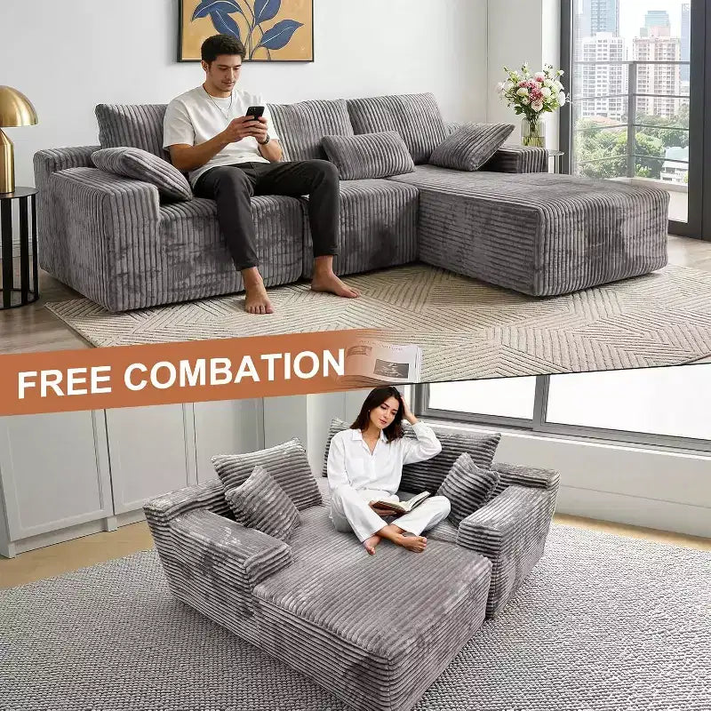 MooxvMoo 107.5 Divano componibile modulare, divano a L senza struttura con chaise longue e cuscini decorativi per soggiorno, grigio