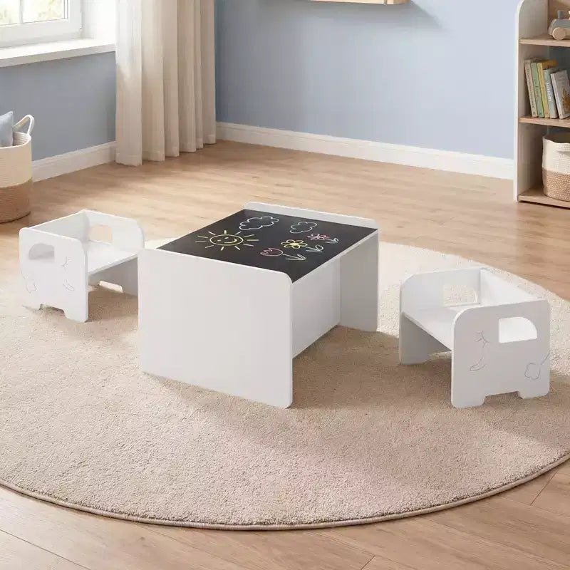 Costway Set Tavolo e 2 Sedie per Bambini 3 Pezzi, Tavolo per Bambini Salvaspazio e 2 Sedie, Bianco/Grigio/Naturale/Grigio + Beige