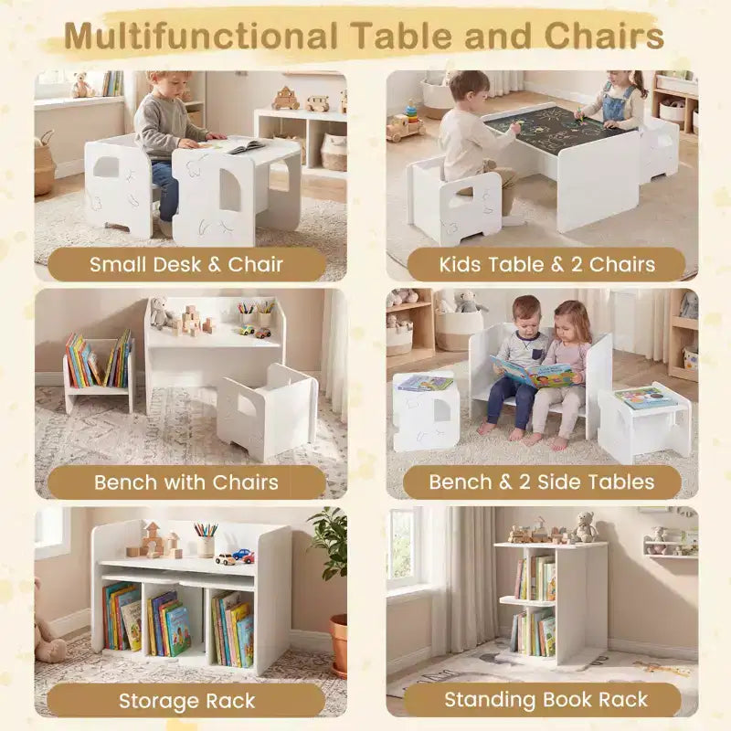 Costway Set Tavolo e 2 Sedie per Bambini 3 Pezzi, Tavolo per Bambini Salvaspazio e 2 Sedie, Bianco/Grigio/Naturale/Grigio + Beige