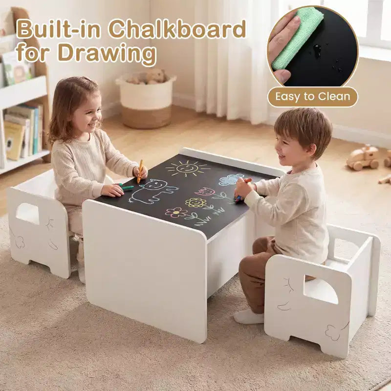 Costway Set Tavolo e 2 Sedie per Bambini 3 Pezzi, Tavolo per Bambini Salvaspazio e 2 Sedie, Bianco/Grigio/Naturale/Grigio + Beige