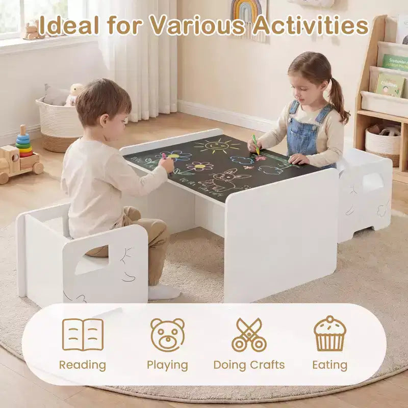 Costway Set Tavolo e 2 Sedie per Bambini 3 Pezzi, Tavolo per Bambini Salvaspazio e 2 Sedie, Bianco/Grigio/Naturale/Grigio + Beige