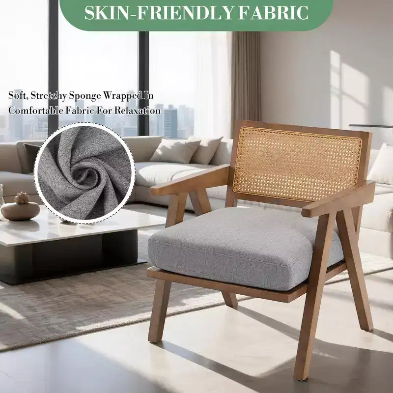 Poltrona rustica con finiture in legno, sedia da divano moderna di metà secolo con robuste gambe in legno, schienale in rattan per camera da letto e soggiorno