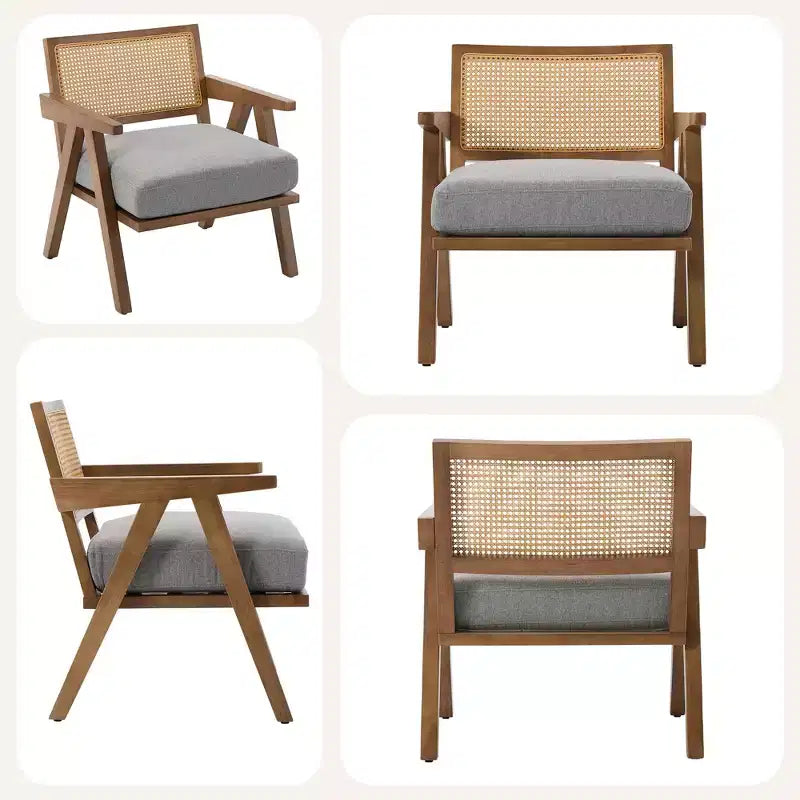 Poltrona rustica con finiture in legno, sedia da divano moderna di metà secolo con robuste gambe in legno, schienale in rattan per camera da letto e soggiorno