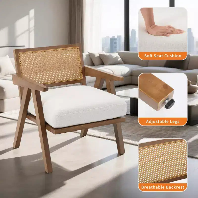 Poltrona rustica con finiture in legno, sedia da divano moderna di metà secolo con robuste gambe in legno, schienale in rattan per camera da letto e soggiorno