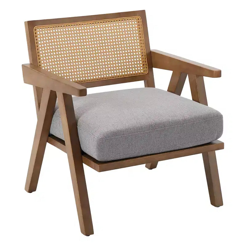 Poltrona rustica con finiture in legno, sedia da divano moderna di metà secolo con robuste gambe in legno, schienale in rattan per camera da letto e soggiorno
