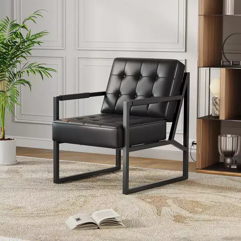 Poltrona in pelle PU, poltrona moderna di metà secolo con gambe in metallo, sedia da lettura e relax con schienale alto per soggiorno e camera da letto