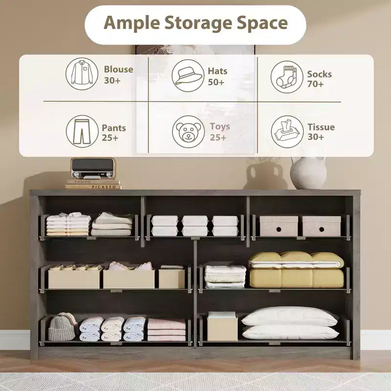 Comò a 7 cassetti da 135 cm, cassettiera moderna in legno, organizer per camera da letto e corridoio