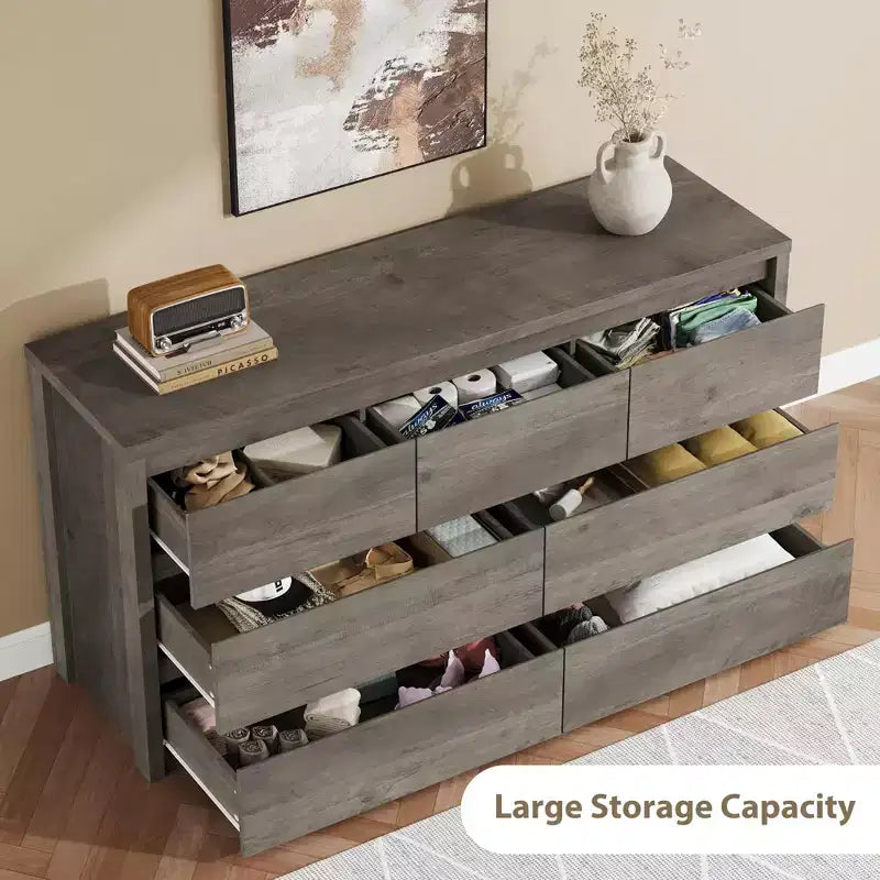 Comò a 7 cassetti da 135 cm, cassettiera moderna in legno, organizer per camera da letto e corridoio