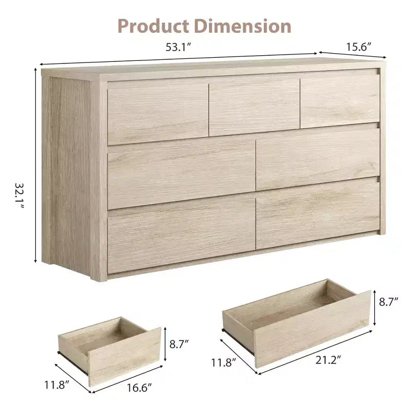 Comò a 7 cassetti da 135 cm, cassettiera moderna in legno, organizer per camera da letto e corridoio