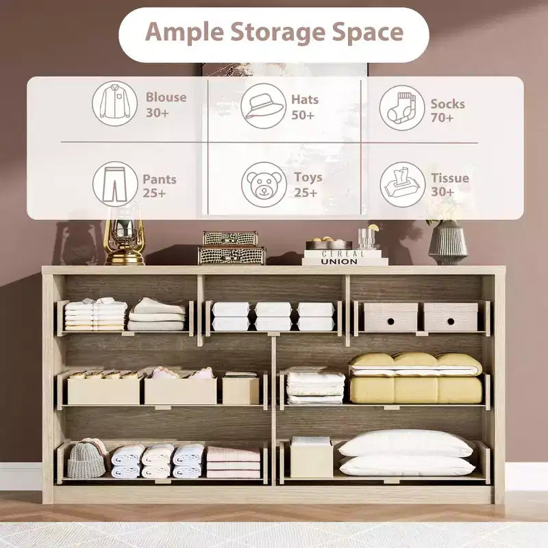 Comò a 7 cassetti da 135 cm, cassettiera moderna in legno, organizer per camera da letto e corridoio