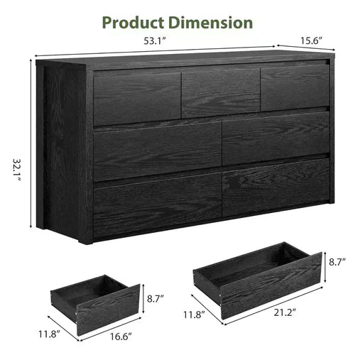 Commode 7 tiroirs de 53 po de largeur, grande commode de rangement en bois moderne pour chambre et couloir