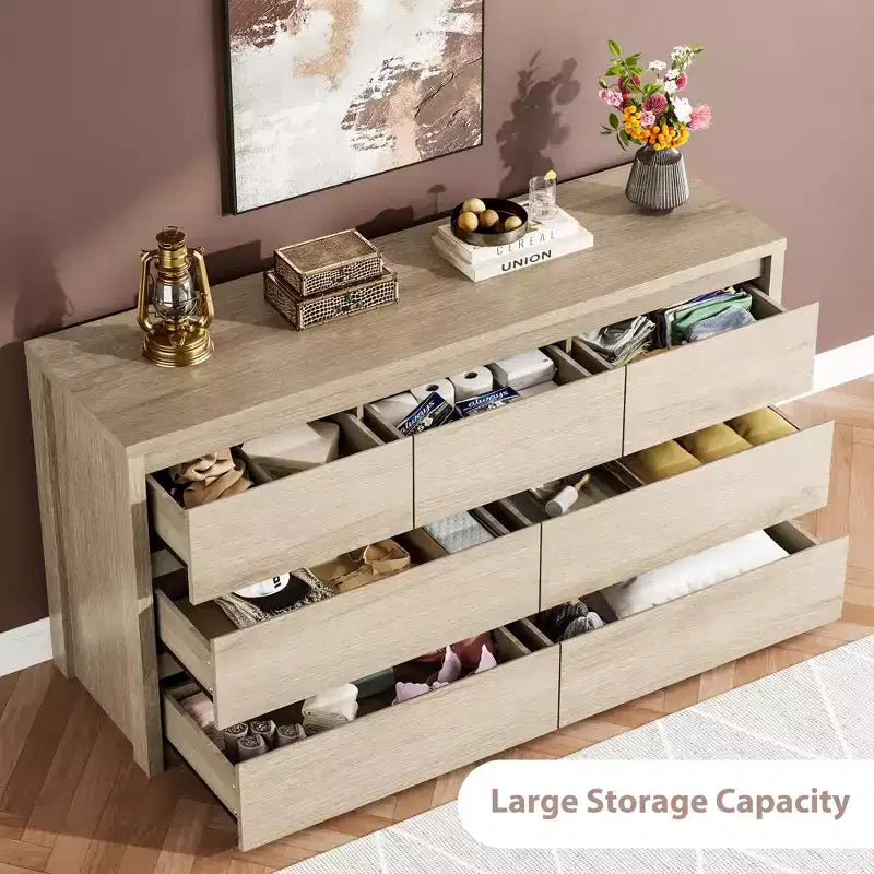 Comò a 7 cassetti da 135 cm, cassettiera moderna in legno, organizer per camera da letto e corridoio