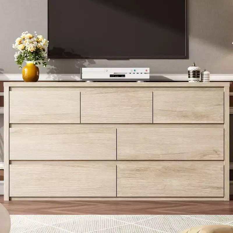 Comò a 7 cassetti da 135 cm, cassettiera moderna in legno, organizer per camera da letto e corridoio