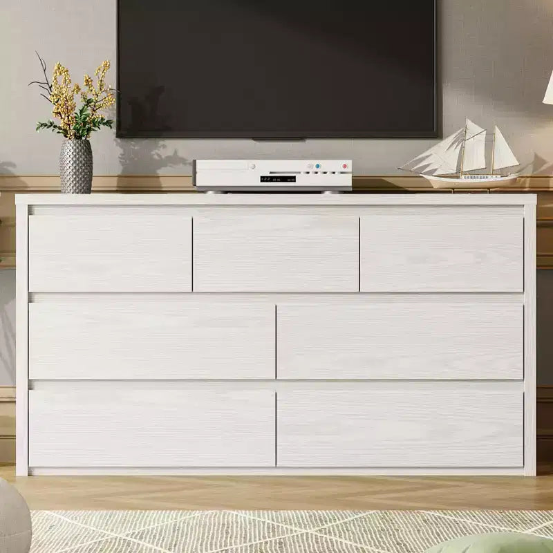 Comò a 7 cassetti da 135 cm, cassettiera moderna in legno, organizer per camera da letto e corridoio