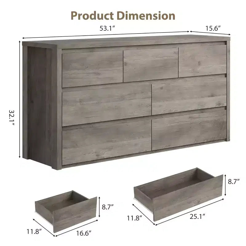 Comò a 7 cassetti da 135 cm, cassettiera moderna in legno, organizer per camera da letto e corridoio
