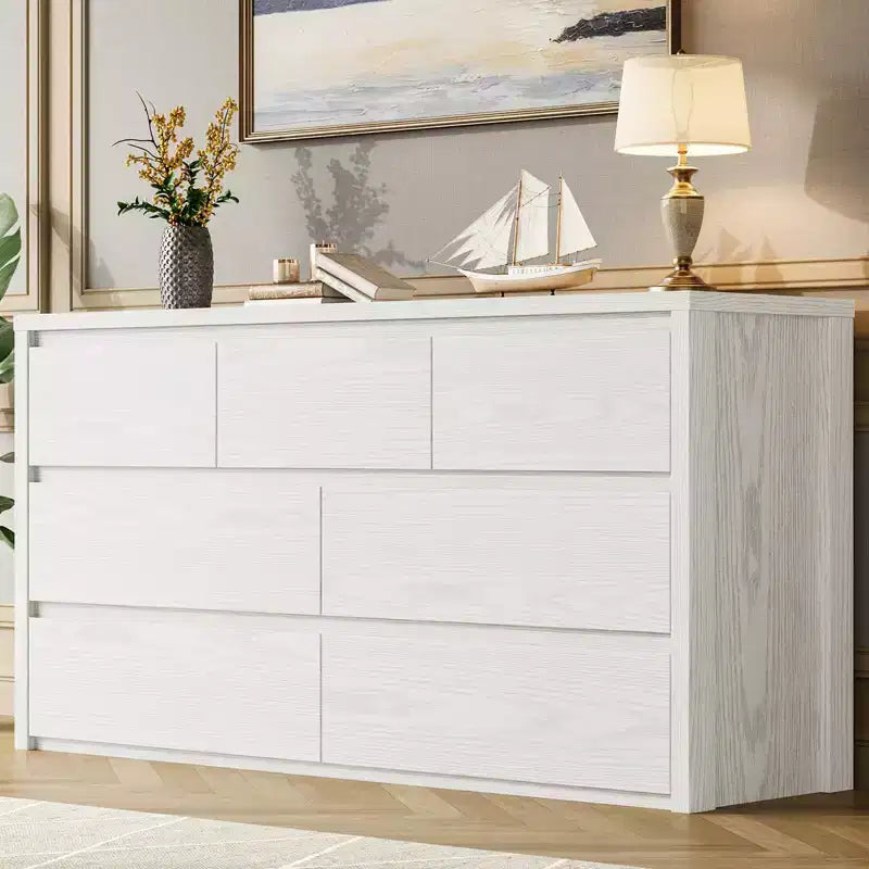 Comò a 7 cassetti da 135 cm, cassettiera moderna in legno, organizer per camera da letto e corridoio