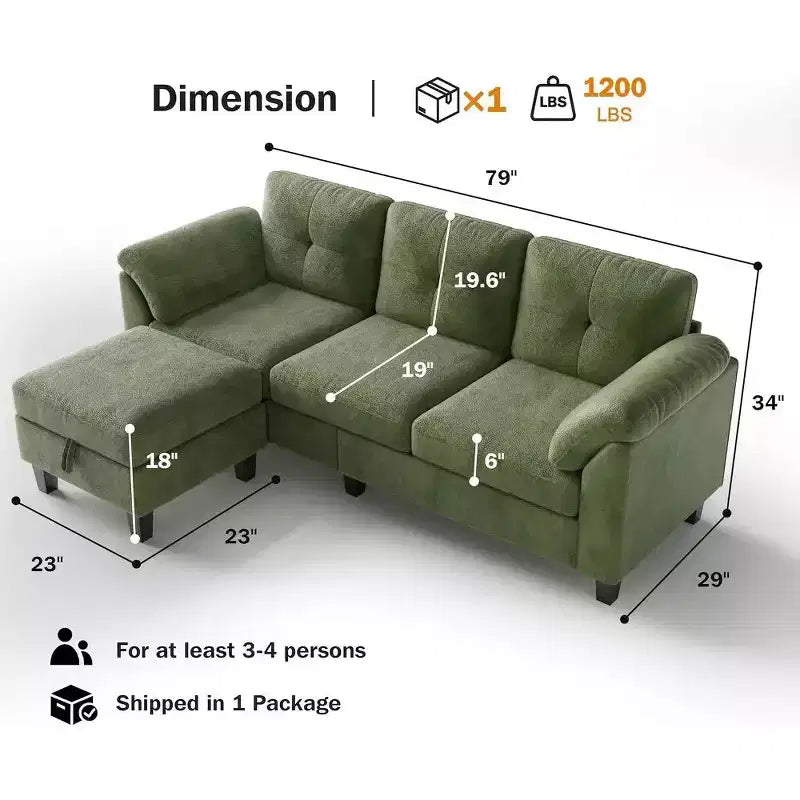 Dyonery 79 Divano Sezionale in ciniglia a L Piccolo Divano con Cuscini Bracciolo, Pouf Contenitore, Divani a 4 Posti per Soggiorno, Appartamento, Camera da Letto