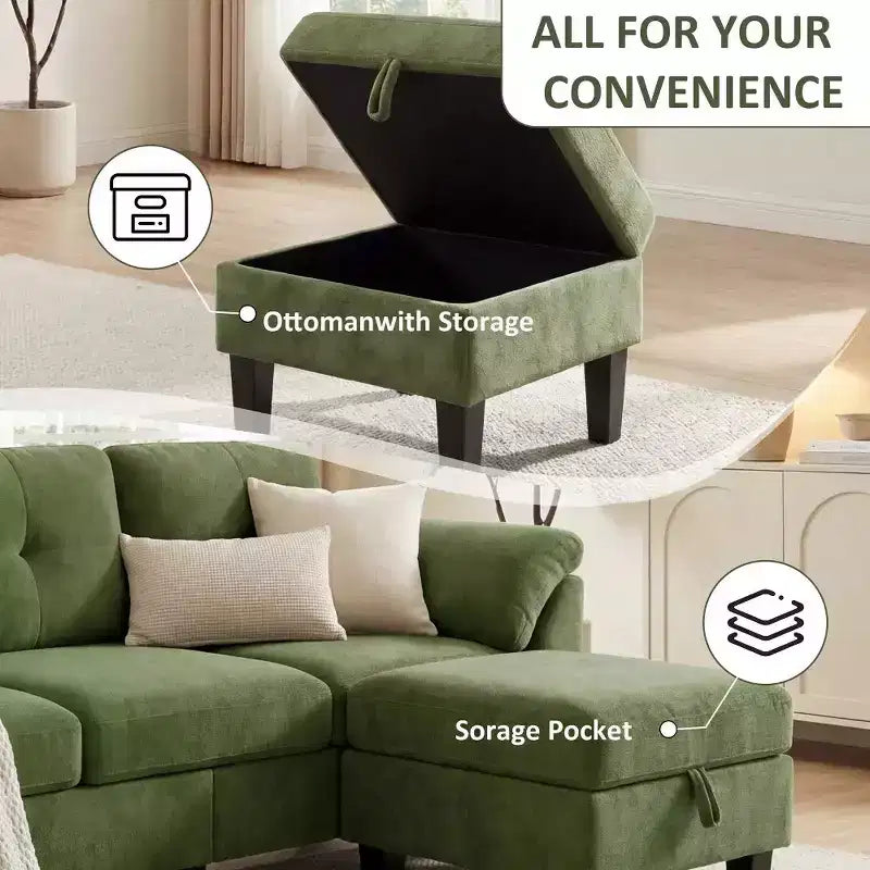 Dyonery 79 Divano Sezionale in ciniglia a L Piccolo Divano con Cuscini Bracciolo, Pouf Contenitore, Divani a 4 Posti per Soggiorno, Appartamento, Camera da Letto