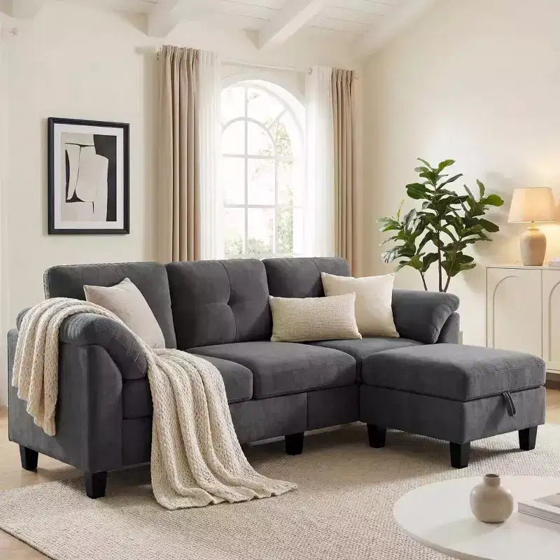 Dyonery 79 Divano Sezionale in ciniglia a L Piccolo Divano con Cuscini Bracciolo, Pouf Contenitore, Divani a 4 Posti per Soggiorno, Appartamento, Camera da Letto