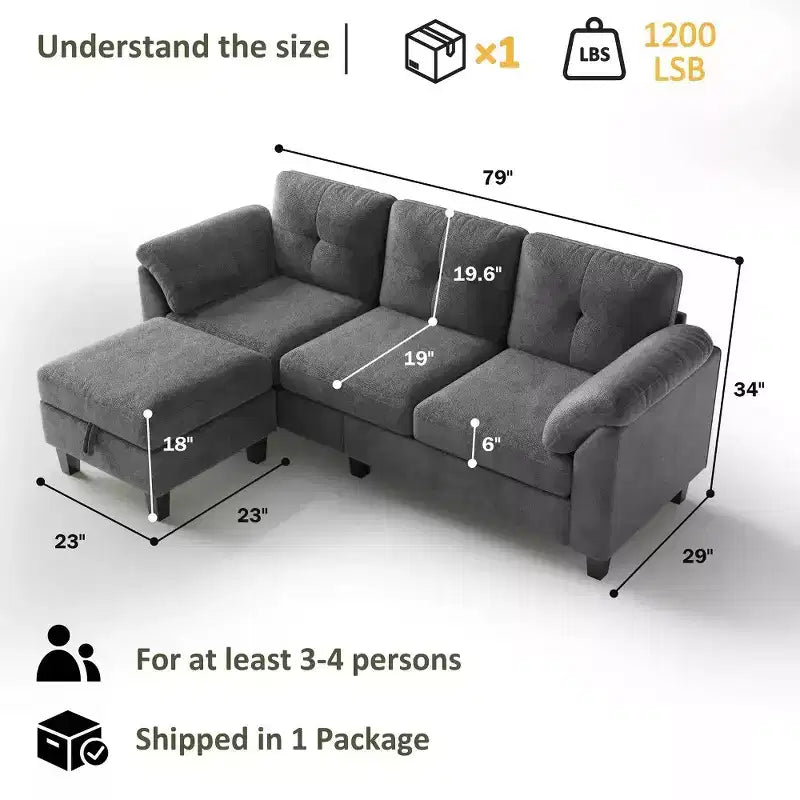 Dyonery 79 Divano Sezionale in ciniglia a L Piccolo Divano con Cuscini Bracciolo, Pouf Contenitore, Divani a 4 Posti per Soggiorno, Appartamento, Camera da Letto