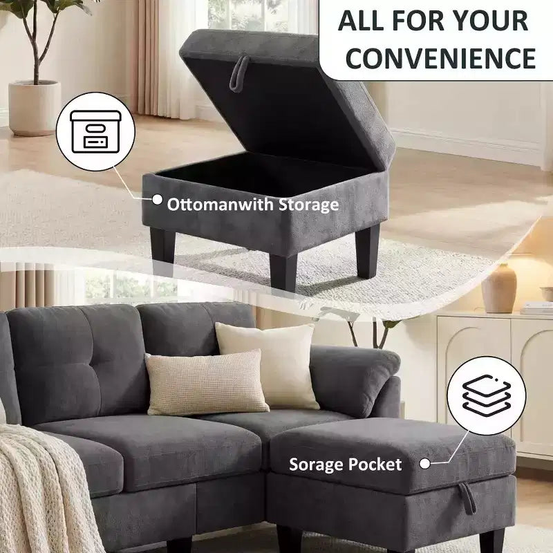 Dyonery 79 Divano Sezionale in ciniglia a L Piccolo Divano con Cuscini Bracciolo, Pouf Contenitore, Divani a 4 Posti per Soggiorno, Appartamento, Camera da Letto