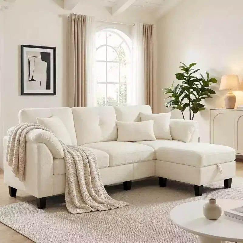 Dyonery 79 Divano Sezionale in ciniglia a L Piccolo Divano con Cuscini Bracciolo, Pouf Contenitore, Divani a 4 Posti per Soggiorno, Appartamento, Camera da Letto