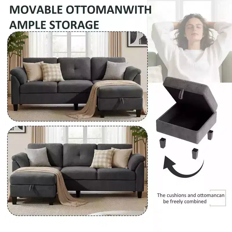 Dyonery 79 Divano Sezionale in ciniglia a L Piccolo Divano con Cuscini Bracciolo, Pouf Contenitore, Divani a 4 Posti per Soggiorno, Appartamento, Camera da Letto