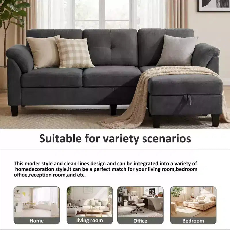 Dyonery 79 Divano Sezionale in ciniglia a L Piccolo Divano con Cuscini Bracciolo, Pouf Contenitore, Divani a 4 Posti per Soggiorno, Appartamento, Camera da Letto