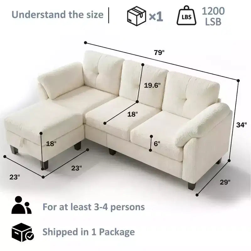 Dyonery 79 Divano Sezionale in ciniglia a L Piccolo Divano con Cuscini Bracciolo, Pouf Contenitore, Divani a 4 Posti per Soggiorno, Appartamento, Camera da Letto