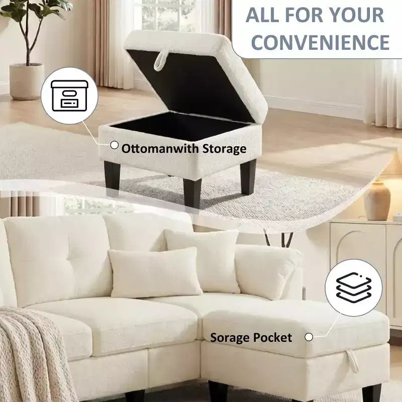 Dyonery 79 Divano Sezionale in ciniglia a L Piccolo Divano con Cuscini Bracciolo, Pouf Contenitore, Divani a 4 Posti per Soggiorno, Appartamento, Camera da Letto