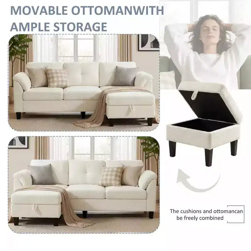 Dyonery 79 Divano Sezionale in ciniglia a L Piccolo Divano con Cuscini Bracciolo, Pouf Contenitore, Divani a 4 Posti per Soggiorno, Appartamento, Camera da Letto