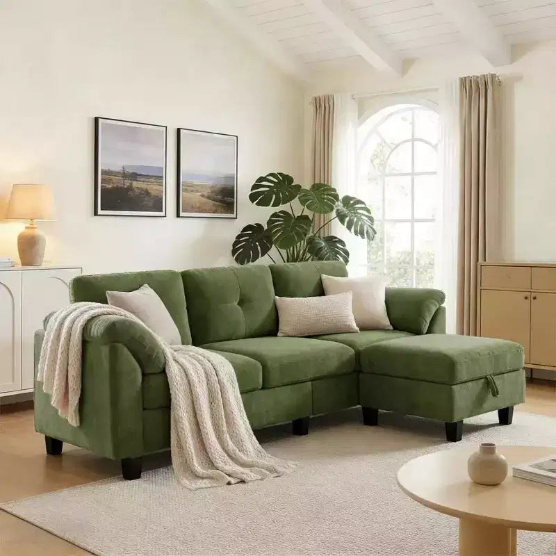Dyonery 79 Divano Sezionale in ciniglia a L Piccolo Divano con Cuscini Bracciolo, Pouf Contenitore, Divani a 4 Posti per Soggiorno, Appartamento, Camera da Letto