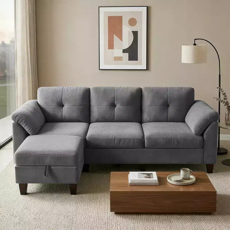 Dyonery 79 Divano Sezionale in ciniglia a L Piccolo Divano con Cuscini Bracciolo, Pouf Contenitore, Divani a 4 Posti per Soggiorno, Appartamento, Camera da Letto