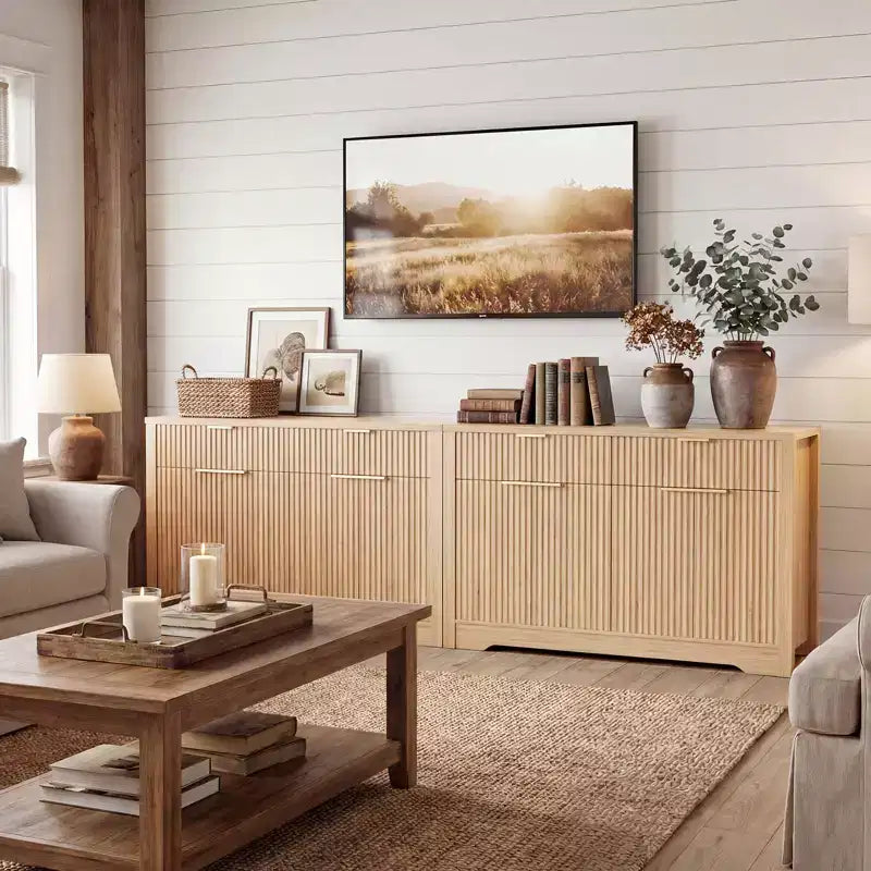 Mobile credenza moderno Besiost con anta e cassetti, tavolino da caffè da 55 con ripiani