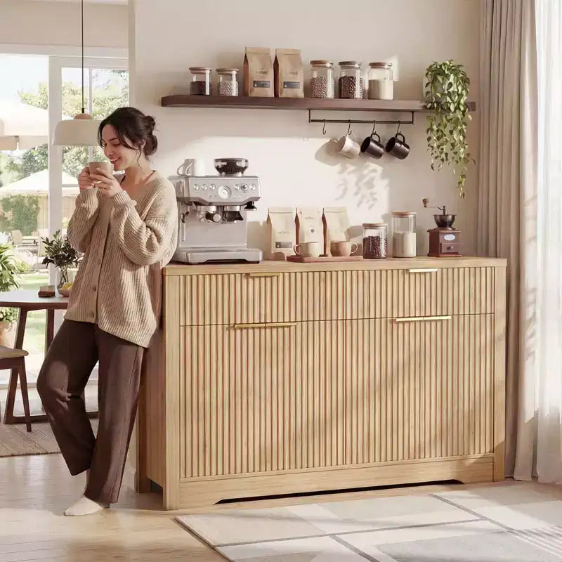 Mobile credenza moderno Besiost con anta e cassetti, tavolino da caffè da 55 con ripiani