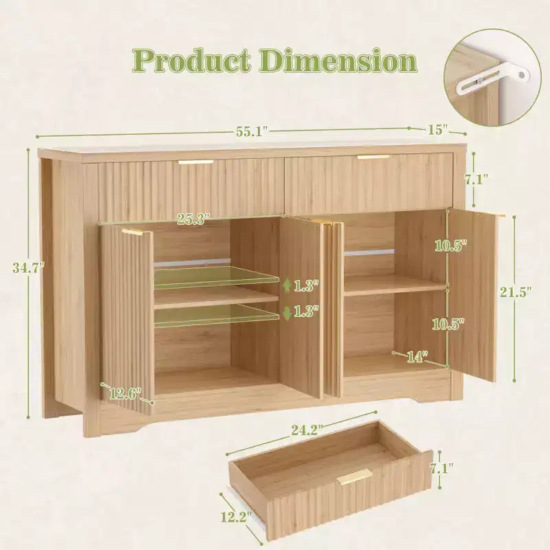 Mobile credenza moderno Besiost con anta e cassetti, tavolino da caffè da 55 con ripiani