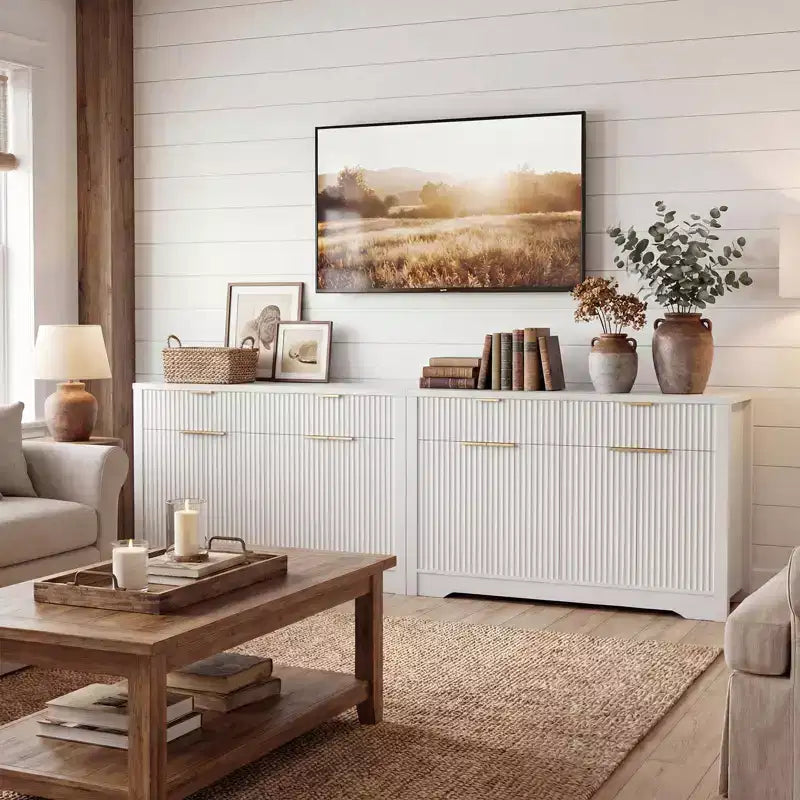 Mobile credenza moderno Besiost con anta e cassetti, tavolino da caffè da 55 con ripiani