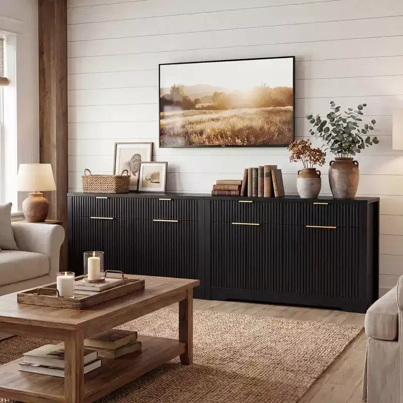 Mobile credenza moderno Besiost con anta e cassetti, tavolino da caffè da 55 con ripiani