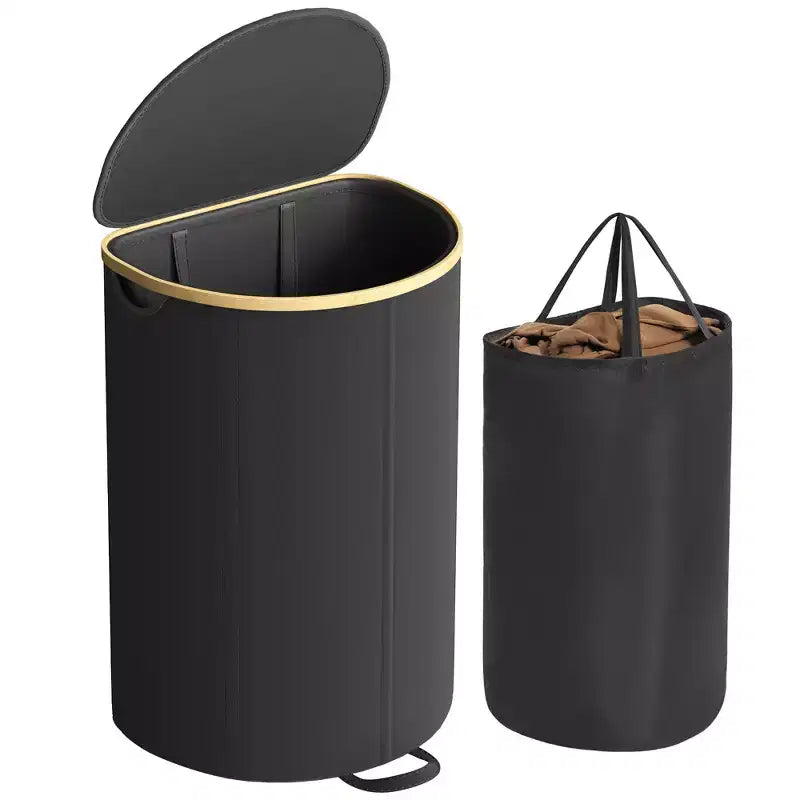 SONGMICS Laundry Hamper, Laundry Basket with Lid, 23.8 Gal. (90 L), with Removable Liner Bag, Ink Black and Light Bamboo