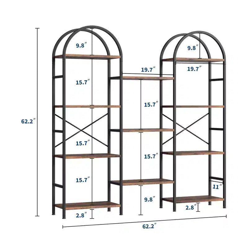Libreria a 4 ripiani ad arco triplo, libreria a giorno grande con 11 ripiani, struttura in metallo e ripiani in legno, scaffale alto e ampio per camera da letto