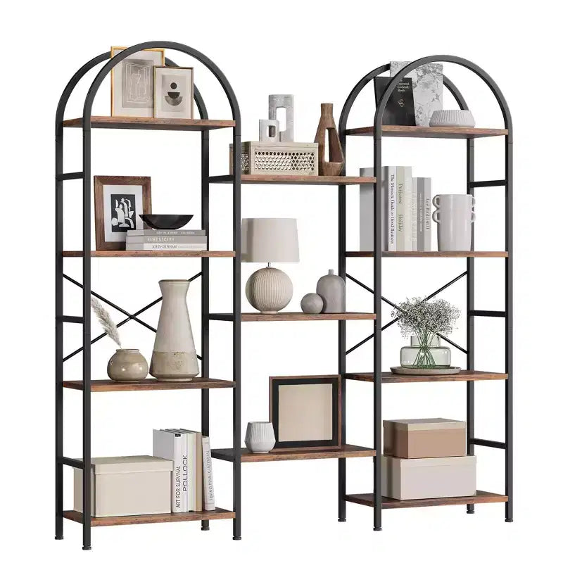 Libreria a 4 ripiani ad arco triplo, libreria a giorno grande con 11 ripiani, struttura in metallo e ripiani in legno, scaffale alto e ampio per camera da letto
