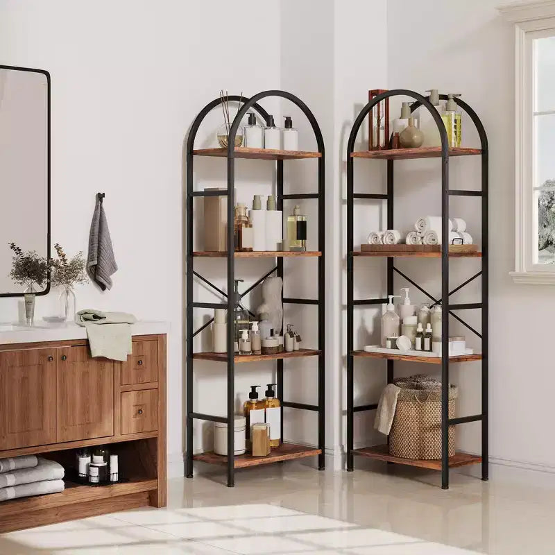 Libreria a 4 ripiani ad arco triplo, libreria a giorno grande con 11 ripiani, struttura in metallo e ripiani in legno, scaffale alto e ampio per camera da letto