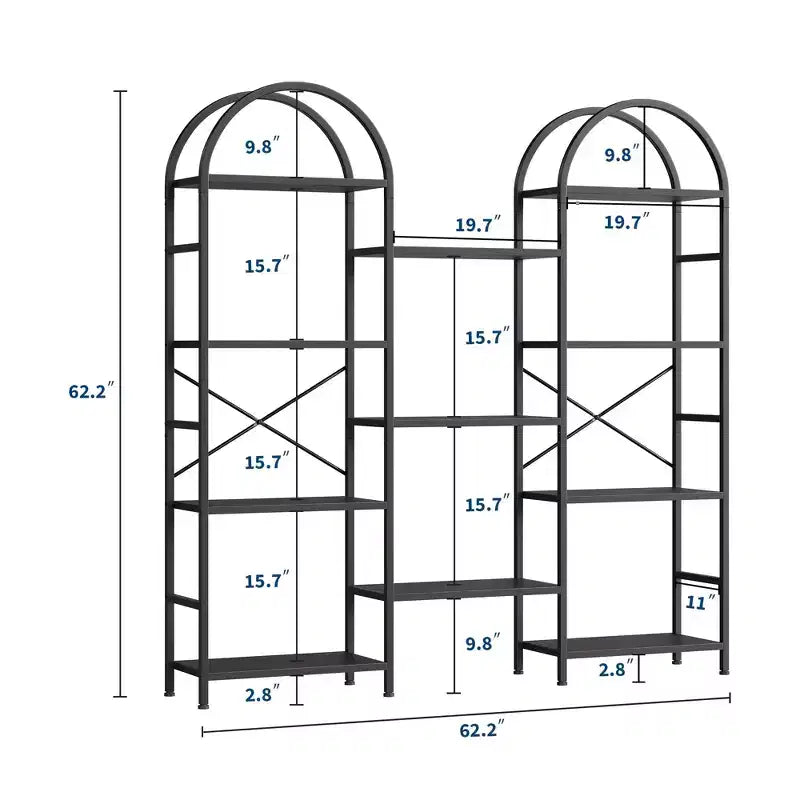 Libreria a 4 ripiani ad arco triplo, libreria a giorno grande con 11 ripiani, struttura in metallo e ripiani in legno, scaffale alto e ampio per camera da letto