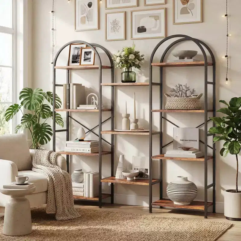 Libreria a 4 ripiani ad arco triplo, libreria a giorno grande con 11 ripiani, struttura in metallo e ripiani in legno, scaffale alto e ampio per camera da letto