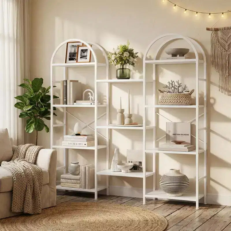 Libreria a 4 ripiani ad arco triplo, libreria a giorno grande con 11 ripiani, struttura in metallo e ripiani in legno, scaffale alto e ampio per camera da letto