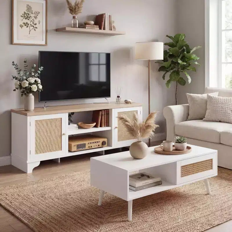 Living Room Table Sets of 2, Includes 47 Rattan TV Stand Storage Cabinet for 55 TV, Farmhouse Coffee Table with Storage Shelf for Bedroom